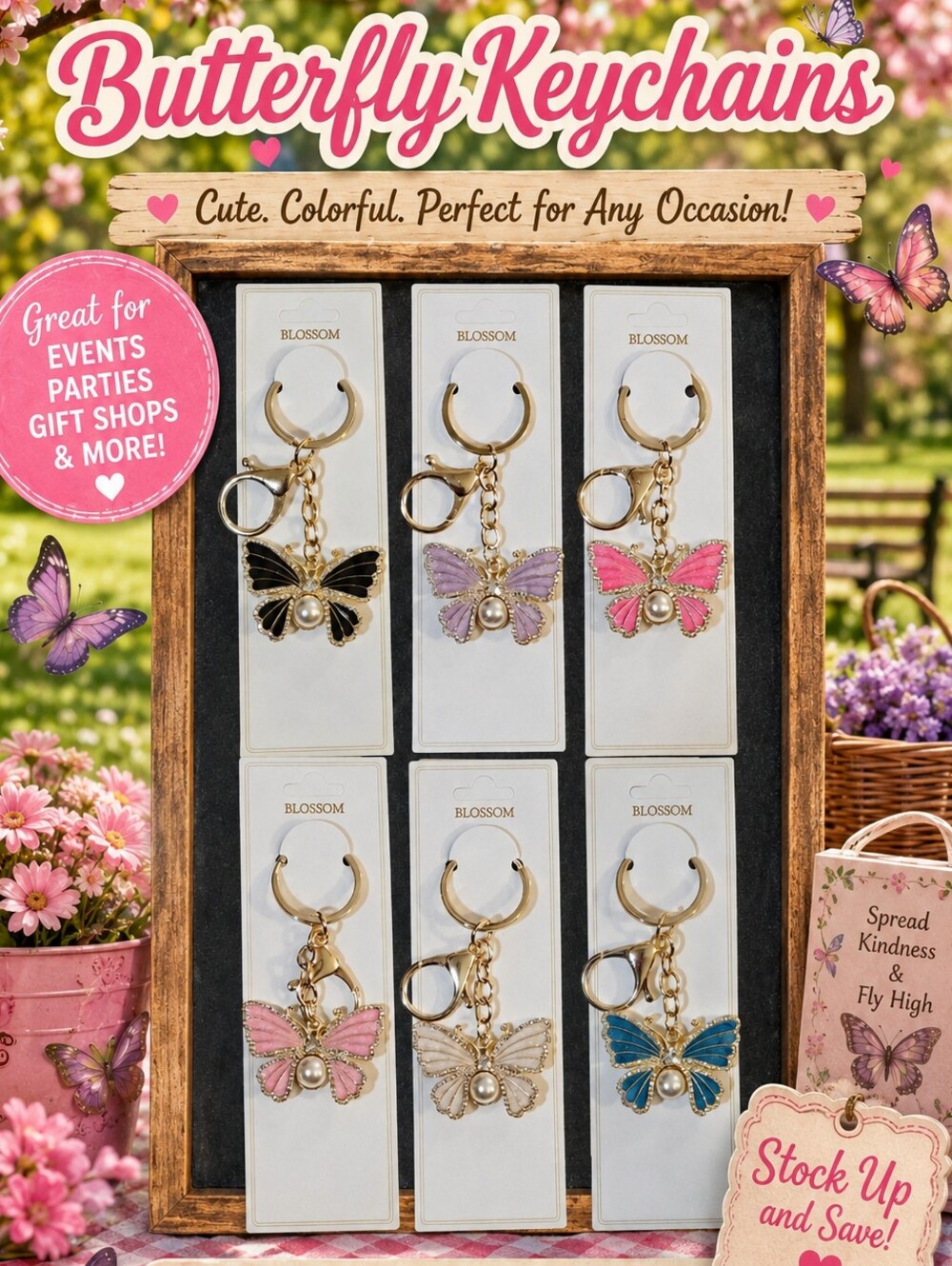 Set Of 6 Colorful Butterfly Pearl Keychain Bag Charms